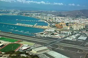 Gibraltar International Airport's runway 09/27, crossed by the one road between Gibraltar and Spain.