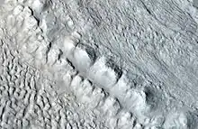 Enlargement of the area in the rectangle in the previous image. This area would be called a moraine in an alpine glacier on Earth.