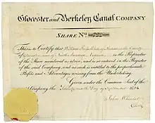 Founder's share of the Glocester and Berkeley Canal Company, issued 29 September 1794, printed on vellum.The propietors of this canal were authorised to raise the sum of £140,000 to be divided into shares of £100 each. If the former sum be insufficient, then they raise a further sum of £60,000.
