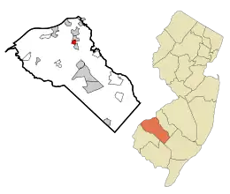 Map of Oak Valley highlighted within Gloucester County. Right: Location of Gloucetser County in New Jersey.