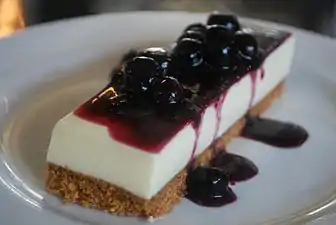 Cheesecake topped with a blueberry sauce