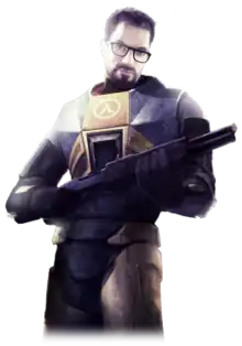 A Caucasian man in an armoured suit clutches a shotgun. The man has brown hair, a short beard and mustache, green eyes and thick black glasses. The suit is predominately orange with black trim, the Greek letter Lambda emblazoned on the suit's chest.