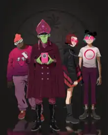 Left to right: Russel Hobbs, Murdoc Niccals, Noodle, and 2-D (2022 art)