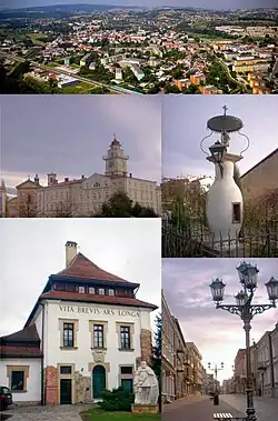 Top: Aerial view of Gorlice; 2nd left: Gorlice City Hall and City Square; 2nd right: A monument of the first time kerosene lamp set place; bottom left: Sztuki Dwor Karwacjanow Gallery in Wroblewskiege; bottom right: Three Maja Street