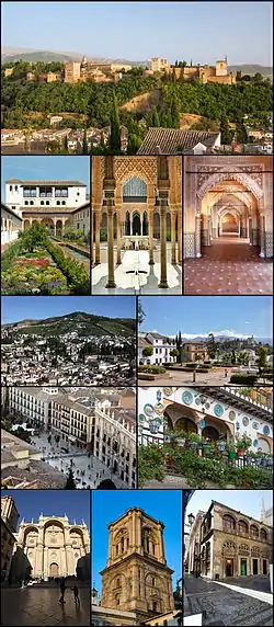 From top left: the Alhambra; Generalife; Patio de los Leones in Alhambra; Royal Hall in Alhambra; Albayzín and Sacromonte; Huerto del Carlos, in Albayzín; Plaza Nueva; house in Albayzín; façade of the cathedral; bell tower of the cathedral; and Royal Chapel