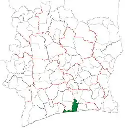 Location in Ivory Coast. Grand-Lahou Department has retained the same boundaries since its creation in 1988.