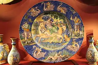 Central dish is 58&nbsp;cm across, the main scene the Rape of Europa, after an illustration of Ovid by François Chauveau, published in 1674