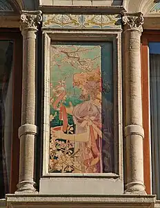 Hand-painted tile panel on the facade of the Grande Maison de Blanc in Brussels (1897–98) designed by Privat Livemont and made by the Boch Frères Kéramis