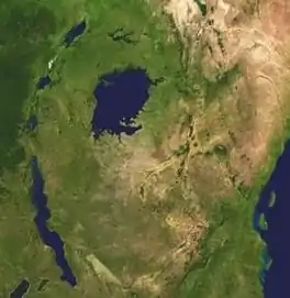 Satellite view of East Africa with the line of rift lakes on left, and Indian Ocean on right.