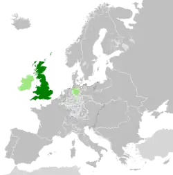 Great Britain in 1789; administered territories and personal union in light green