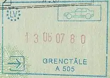 Entry stamp for road travel, issued at Grenctāle (pre-Schengen stamp with Schengen design)
