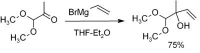 Reaction of CH3C(=O)CH(OCH3)2 with H2C=CHMgBr