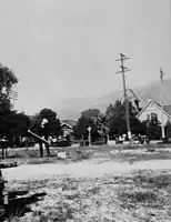 Pastor Arthur O. Pritchard's Groundbreaking ceremony in 1926 of the historic Sierra Madre Congregational Church in Sierra Madre, Ca. The historic 1896 Sierra Madre Congregational Church's Old North Church in the background.