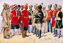 A painted illustration showing a group of men wearing various 19th Century military uniforms – some wearing sand-coloured tunics, some red and some black. All of the men are wearing turbans of various colours.