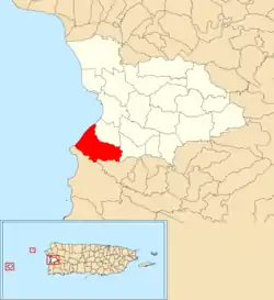 Location of Guanajibo within the municipality of Mayagüez shown in red