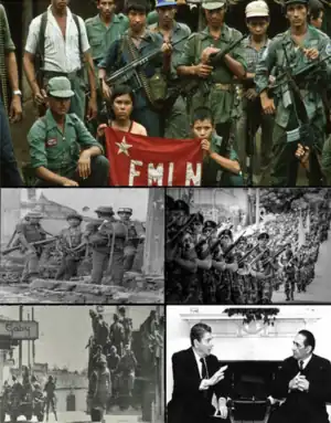 Clockwise: Guerrilla camp in Morazán in 1983; Salvadoran Armed Forces soldiers; Ronald Reagan and José Napoleón Duarte in 1985; The final offensive of 1981; Guerrillas in Perquín, Morazán in 1990.