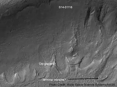 Gullies in a crater in Eridania, north of the large crater Kepler.  Also, features that may be remains of old glaciers are present.  One, to the right, has the shape of a tongue.  Image taken with Mars Global Surveyor, under the MOC Public Targeting Program.