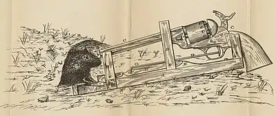 A drawing showing a mouse leaving its burrow and stepping onto Williams's gun-loaded invention.