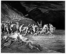 In the Divine Comedy, Charon forces reluctant sinners onto his boat by beating them with his oar. Illustration by Gustave Doré.