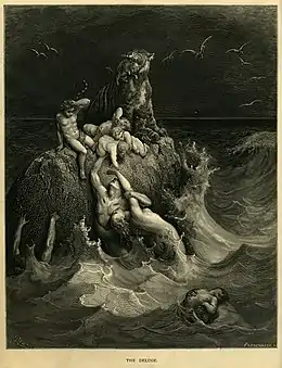 Image 32The Deluge, frontispiece to Gustave Doré's illustrated edition of the Bible. Based on the story of Noah's Ark, this engraving shows humans and a tiger doomed by the flood futilely attempting to save their children and cubs. (from Comparative mythology)
