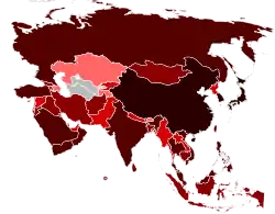 Number of confirmed cases of A(H1N1) virus in Asia:.mw-parser-output .legend{page-break-inside:avoid;break-inside:avoid-column}.mw-parser-output .legend-color{display:inline-block;min-width:1.25em;height:1.25em;line-height:1.25;margin:1px 0;text-align:center;border:1px solid black;background-color:transparent;color:black}.mw-parser-output .legend-text{}&nbsp;&nbsp;50 000+ cases.mw-parser-output .legend{page-break-inside:avoid;break-inside:avoid-column}.mw-parser-output .legend-color{display:inline-block;min-width:1.25em;height:1.25em;line-height:1.25;margin:1px 0;text-align:center;border:1px solid black;background-color:transparent;color:black}.mw-parser-output .legend-text{}&nbsp;&nbsp;5 000+ cases.mw-parser-output .legend{page-break-inside:avoid;break-inside:avoid-column}.mw-parser-output .legend-color{display:inline-block;min-width:1.25em;height:1.25em;line-height:1.25;margin:1px 0;text-align:center;border:1px solid black;background-color:transparent;color:black}.mw-parser-output .legend-text{}&nbsp;&nbsp;500+ cases.mw-parser-output .legend{page-break-inside:avoid;break-inside:avoid-column}.mw-parser-output .legend-color{display:inline-block;min-width:1.25em;height:1.25em;line-height:1.25;margin:1px 0;text-align:center;border:1px solid black;background-color:transparent;color:black}.mw-parser-output .legend-text{}&nbsp;&nbsp;50+ cases.mw-parser-output .legend{page-break-inside:avoid;break-inside:avoid-column}.mw-parser-output .legend-color{display:inline-block;min-width:1.25em;height:1.25em;line-height:1.25;margin:1px 0;text-align:center;border:1px solid black;background-color:transparent;color:black}.mw-parser-output .legend-text{}&nbsp;&nbsp;5+ cases.mw-parser-output .legend{page-break-inside:avoid;break-inside:avoid-column}.mw-parser-output .legend-color{display:inline-block;min-width:1.25em;height:1.25em;line-height:1.25;margin:1px 0;text-align:center;border:1px solid black;background-color:transparent;color:black}.mw-parser-output .legend-text{}&nbsp;&nbsp;1+ cases