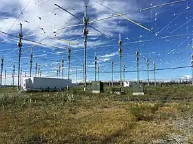 HAARP, a phased array of 180 crossed dipoles in Alaska which can transmit a 3.6&nbsp;MW beam of 3–10&nbsp;MHz radio waves into the ionosphere for research purposes