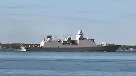 Picture of the side of HNLMS Tromp in 2009, departing Naval Station Norfolk, Norfolk, Virginia, United States.