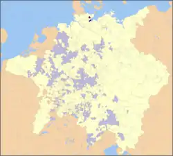 Prince-Bishopric of Lübeck (dark blue) within the Holy Roman Empire (as of 1648), the episcopal residence in Eutin shown by a red spot (other prince-bishoprics in light blue)