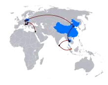 Map of Europe and Asia, with the race marked