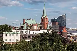 Gustaf Adolfs Church and the Elbphilharmonie, June 2016