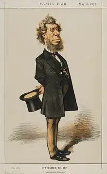 Color caricature sketch of Sec. Hamilton Fish with extended beard in standing position holding top hat in hand.