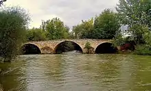 a three arch bridge over a river with lots of water and trees along the banks