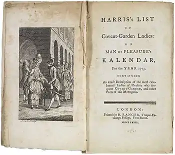 Two pages from the book: on the left an engraving showing a man talking to a prostitute; on the right, the title details