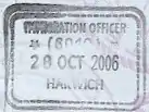 Passport stamp issued at Harwich International Port.