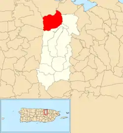 Location of Hato Tejas within the municipality of Bayamón shown in red