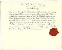 Stock certificate of the Hay Railway Company, issued on 8 July 1811. The horse-drawn narrow gauge railway connected Eardisley in Herefordshire, England, with Brecon in Wales over a distance of 24 miles, opened in 1816. The company merged into the Hereford, Hay and Brecon Railway in 1860.