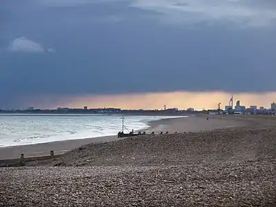 Image 90Hayling Island's mainly shingle beach with Portsmouth's Spinnaker Tower beyond (from Portal:Hampshire/Selected pictures)