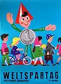 Poster from the Savings Bank of Austria. World Savings day 1964? The famous mascot Sparefroh (he loves to save money) shows children their way to the Savings Bank.