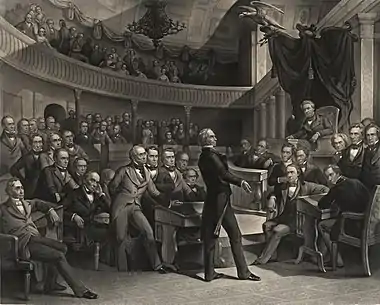 Image 12Compromise of 1850Artist: Peter F. Rothermel; Engraver: Robert Whitechurch; Restoration: Lise Broer and JujutacularU.S. Senator Henry Clay gives a speech in the Old Senate Chamber calling for compromise on the issues dividing the United States. The result was the Compromise of 1850, a package of five bills, the first two of which were passed on September 9. Ironically, these led to a breakdown in the spirit of compromise in the years preceding the Civil War, particularly after the deaths of Clay and Daniel Webster.More selected pictures