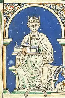 Detail of a miniature depicting Henry II. He is crowned, seated, wearing royal regalia, and holding a miniature church in his right hand.