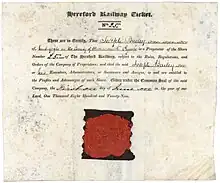 Stock certificate of the Hereford Railway for one share, issued 1 June 1829, printed on vellum, registered to Joseph Bailey of Nantyglo, County of Monmouth