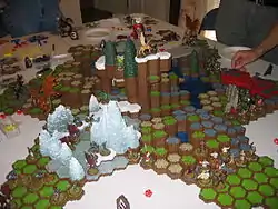 A six-man game of Heroscape using multiple Master Sets and expansion sets.
