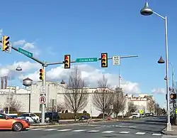 Downtown Hershey at the intersection of Chocolate and Cocoa Avenues, with Kiss-shaped street lamps.