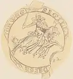 Seal of Haakon as Duke (obverse), in known use 1292–98 (Norwegian coat of arms on reverse).