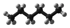The 3d ball representation of hexane, with carbon (black) and hydrogen (white) shown explicitly.