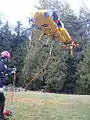 The carriage system that suspends the rescuer underneath the helicopter.