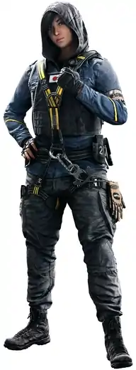 Artwork of the article subject, a Special operations personnel wearing heavy, dark clothing and a harness with yellow stripes. She rests her right hand on her right hip and clenches onto her left shoulder strap with her left hand.