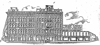 Site of the building in 1895, including the neighboring Monypeny Block (1878-1970)