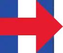 Clinton's 2016 presidential campaign logo, a large blue letter "H" with a red arrow facing right, overlaying the horizontal bar of the "H". The head of the arrow is also overlaid over the right vertical bar of the "H", with two small blue triangles poking out where the bar of the "H" is not covered by the arrow.