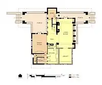 Hills House First Floor Plan in 1906.  Outline of the earlier house is shown in yellow.